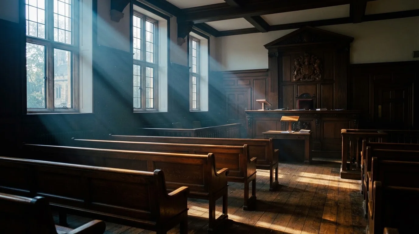 Een lege rechtszaal met houten banken in het ochtendlicht