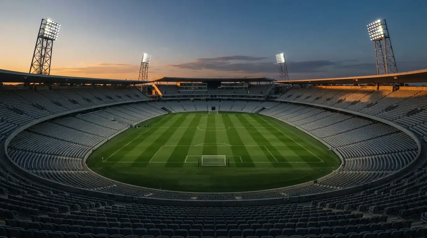 Een leeg voetbalstadion met lichtmasten bij schemering