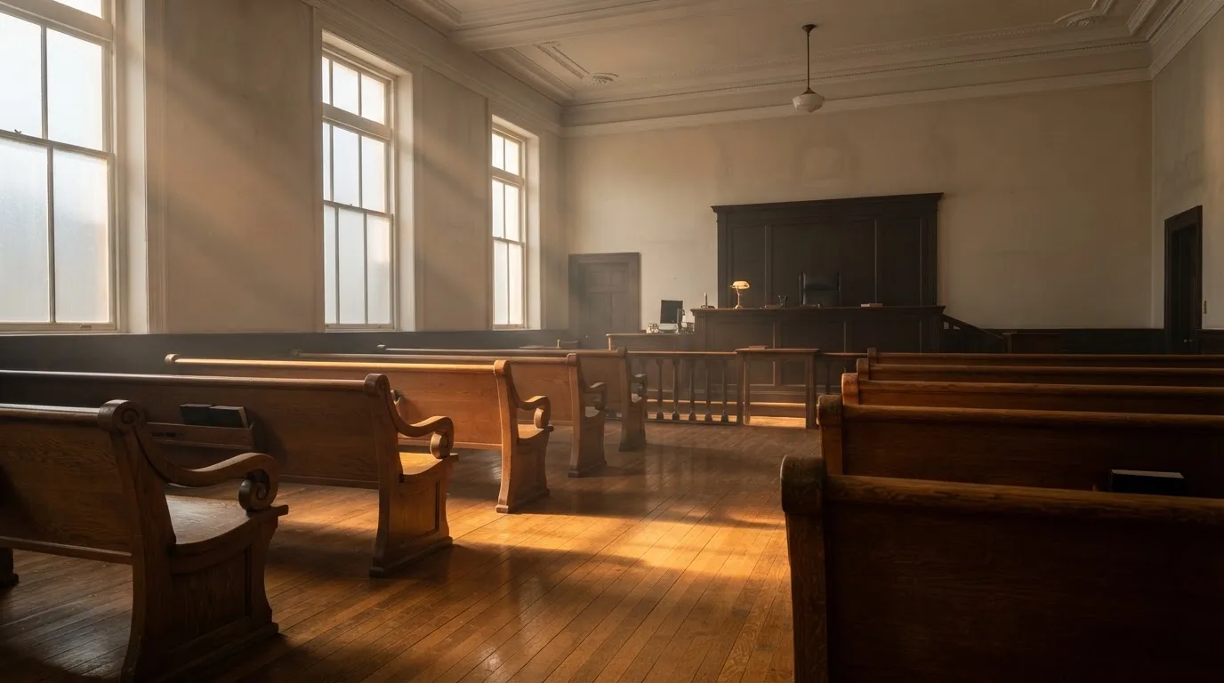 Een lege rechtszaal met houten banken in het ochtendlicht