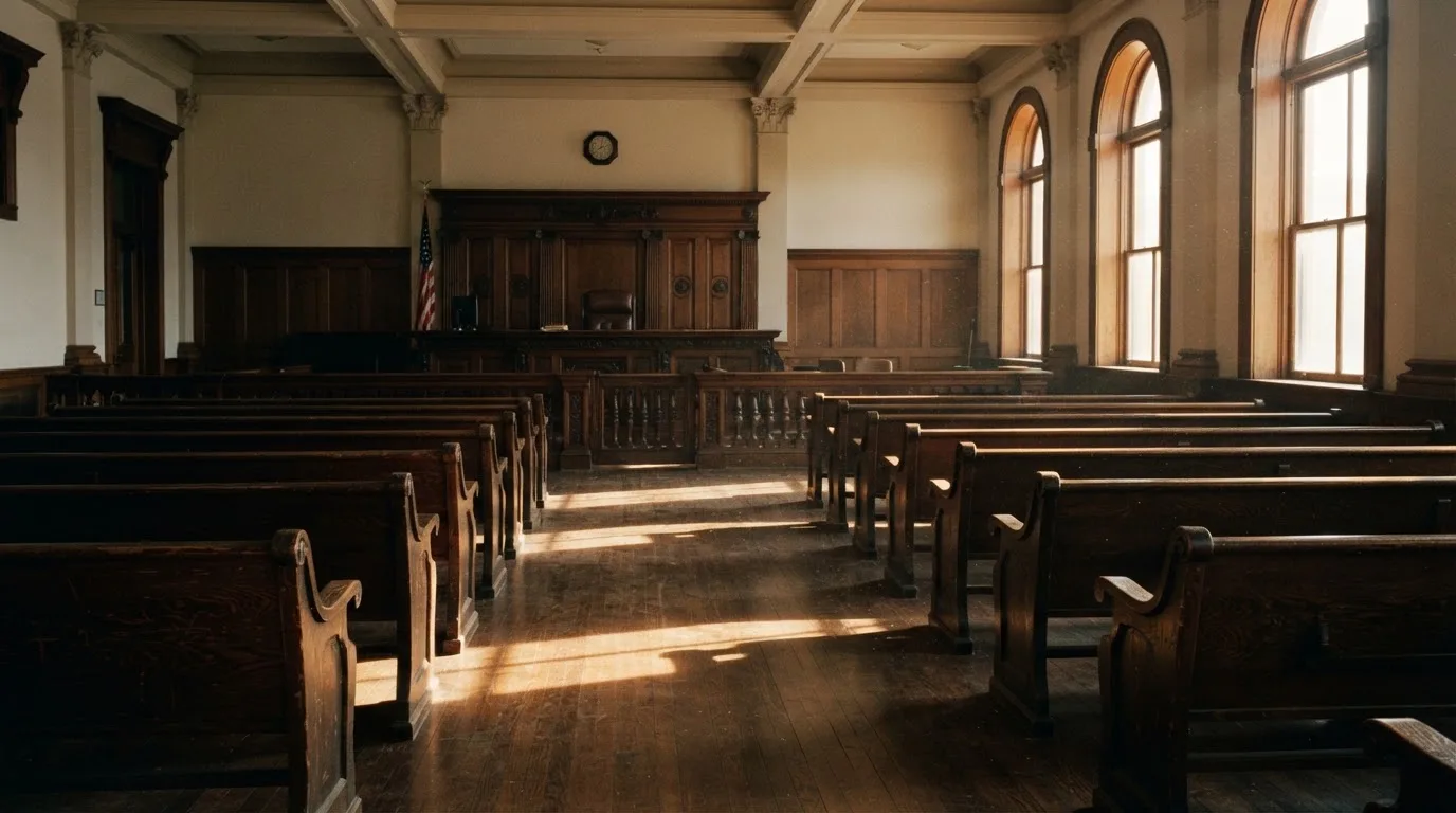 Een lege rechtszaal met houten banken in het ochtendlicht