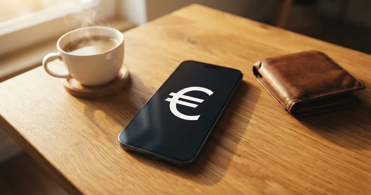 Een smartphone op een houten tafel naast een portemonnee en een kopje koffie