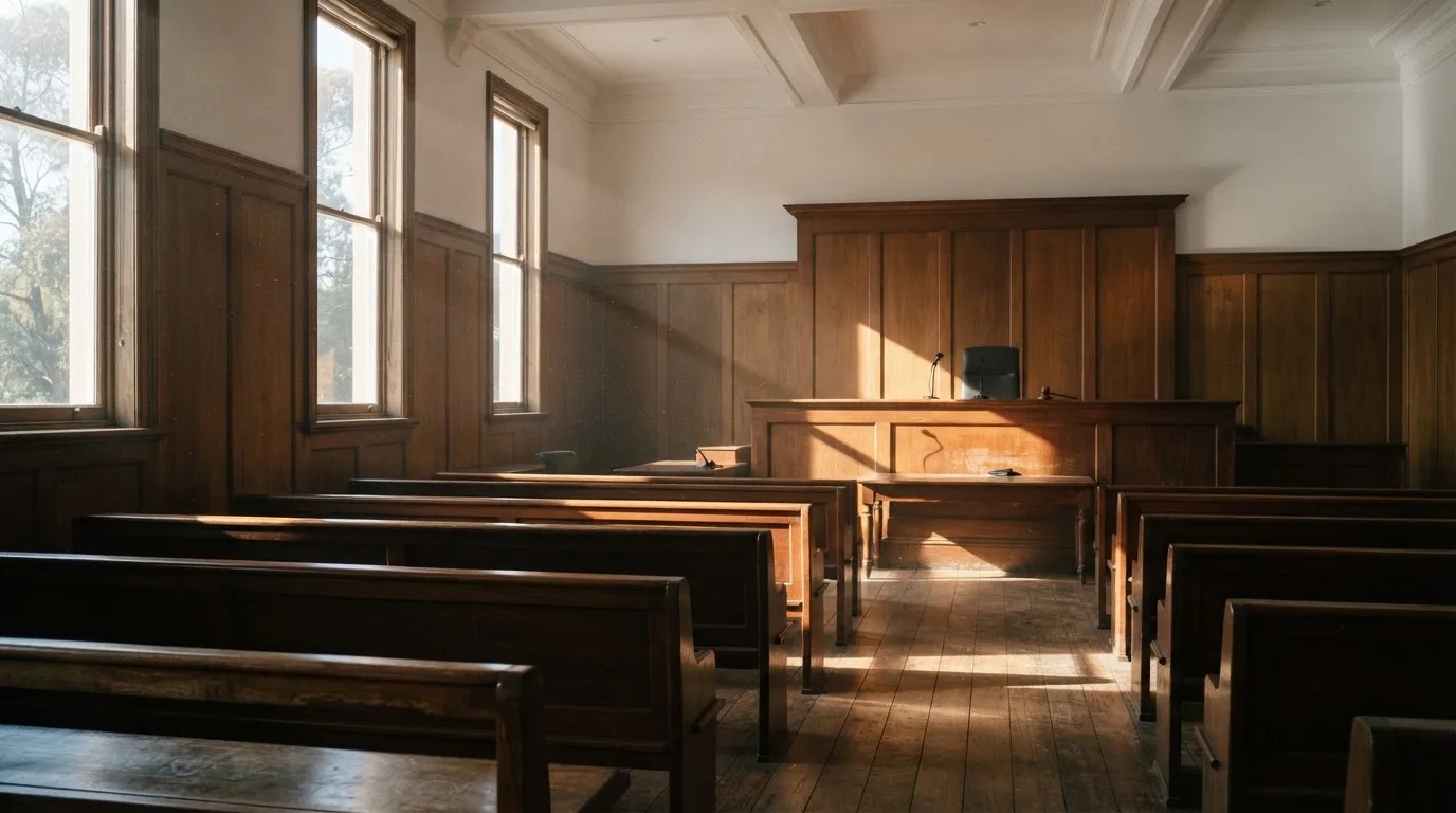 Een lege rechtszaal met houten banken in het ochtendlicht