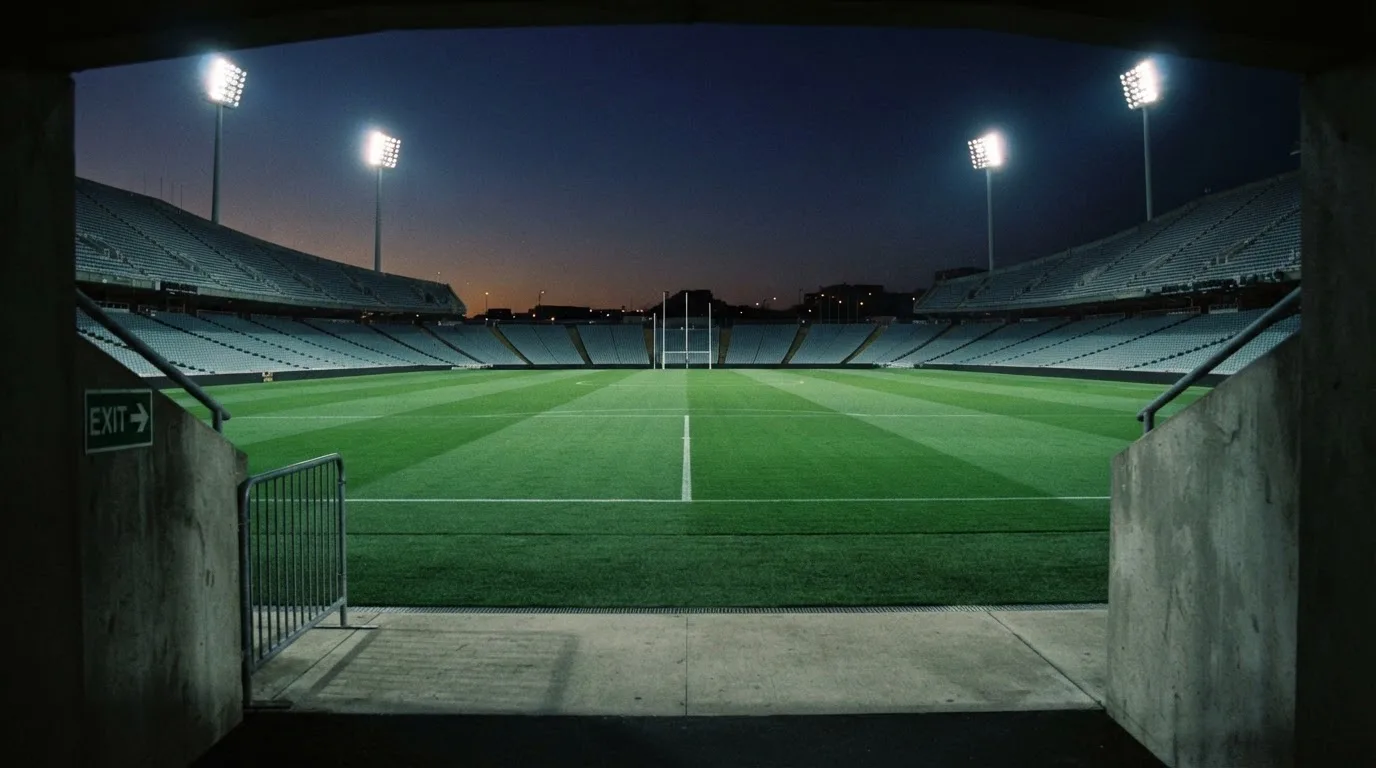 Een leeg voetbalstadion met lichtmasten bij schemering