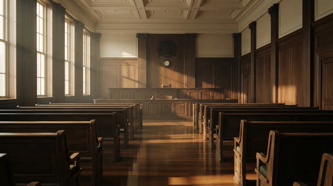 Een lege rechtszaal met houten banken in het ochtendlicht