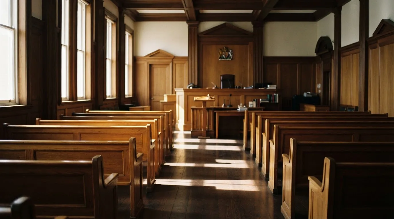 Een lege rechtszaal met houten banken in het ochtendlicht
