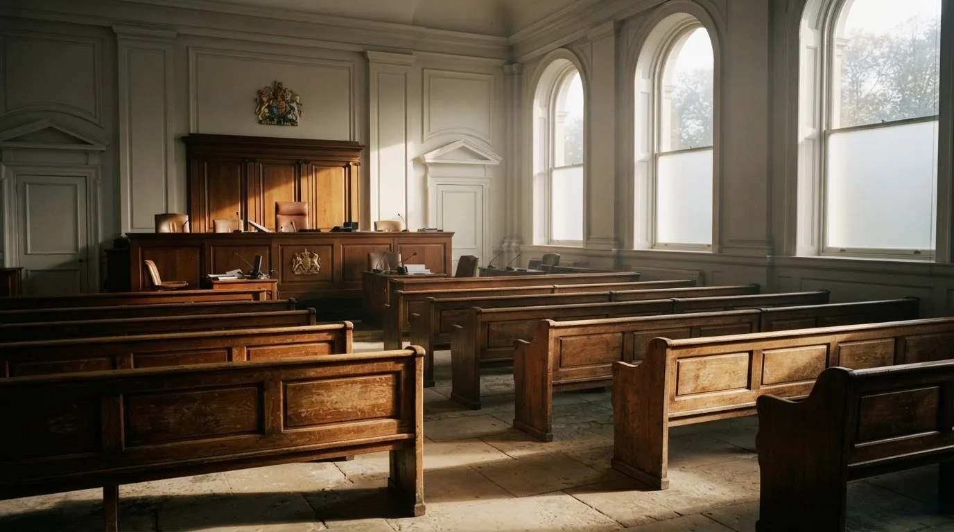Een lege rechtszaal met houten banken in het ochtendlicht