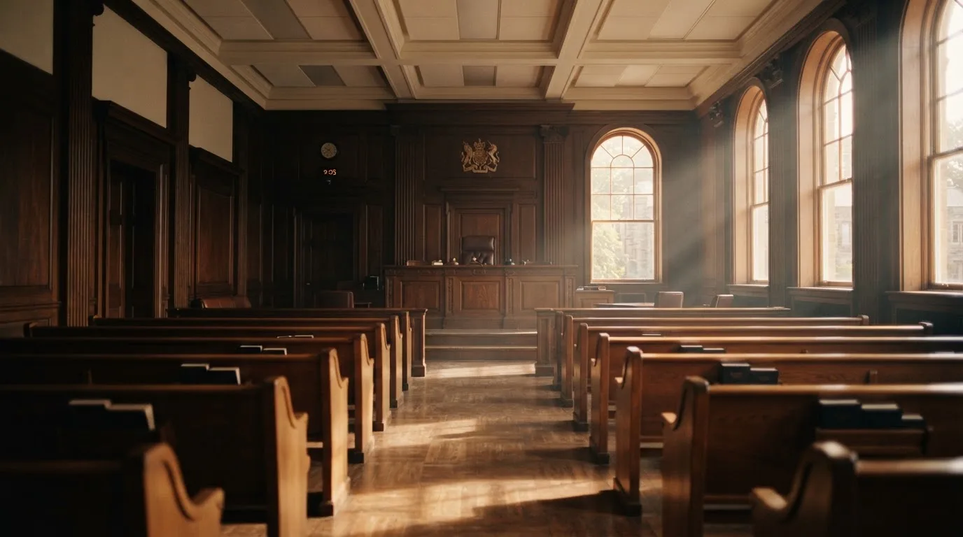 Een lege rechtszaal met houten banken in het ochtendlicht