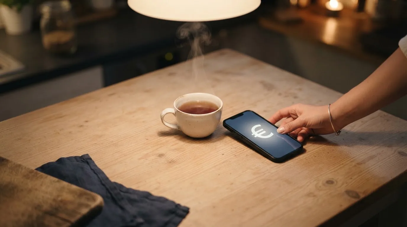 Een hand legt een smartphone naast een kopje thee op een keukentafel, een rustige avond