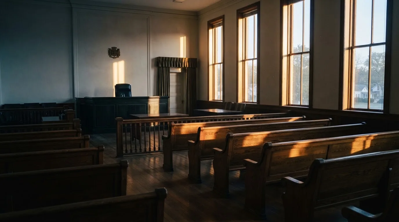 Een lege rechtszaal met houten banken in het ochtendlicht