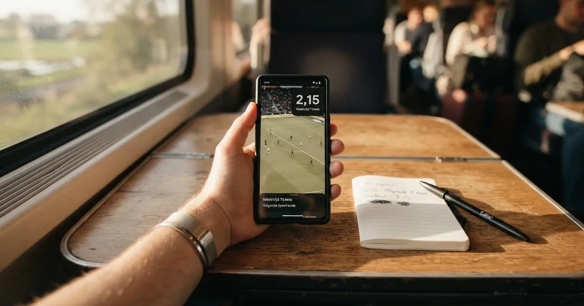 Een hand houdt een smartphone vast in de trein, het scherm van de camera afgewend