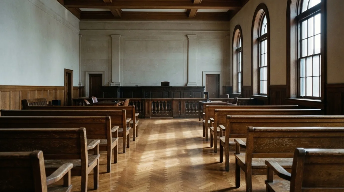 Een lege rechtszaal met houten banken in het ochtendlicht