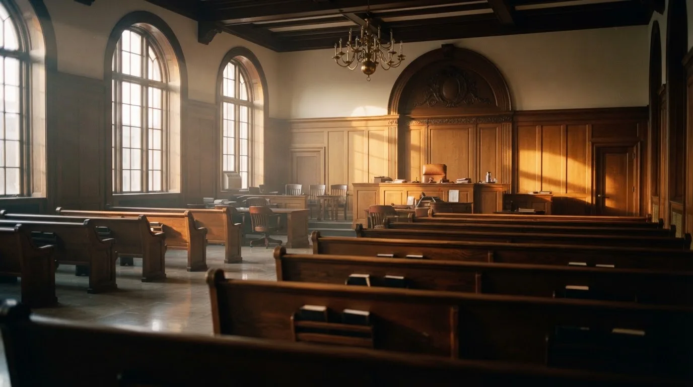 Een lege rechtszaal met houten banken in het ochtendlicht