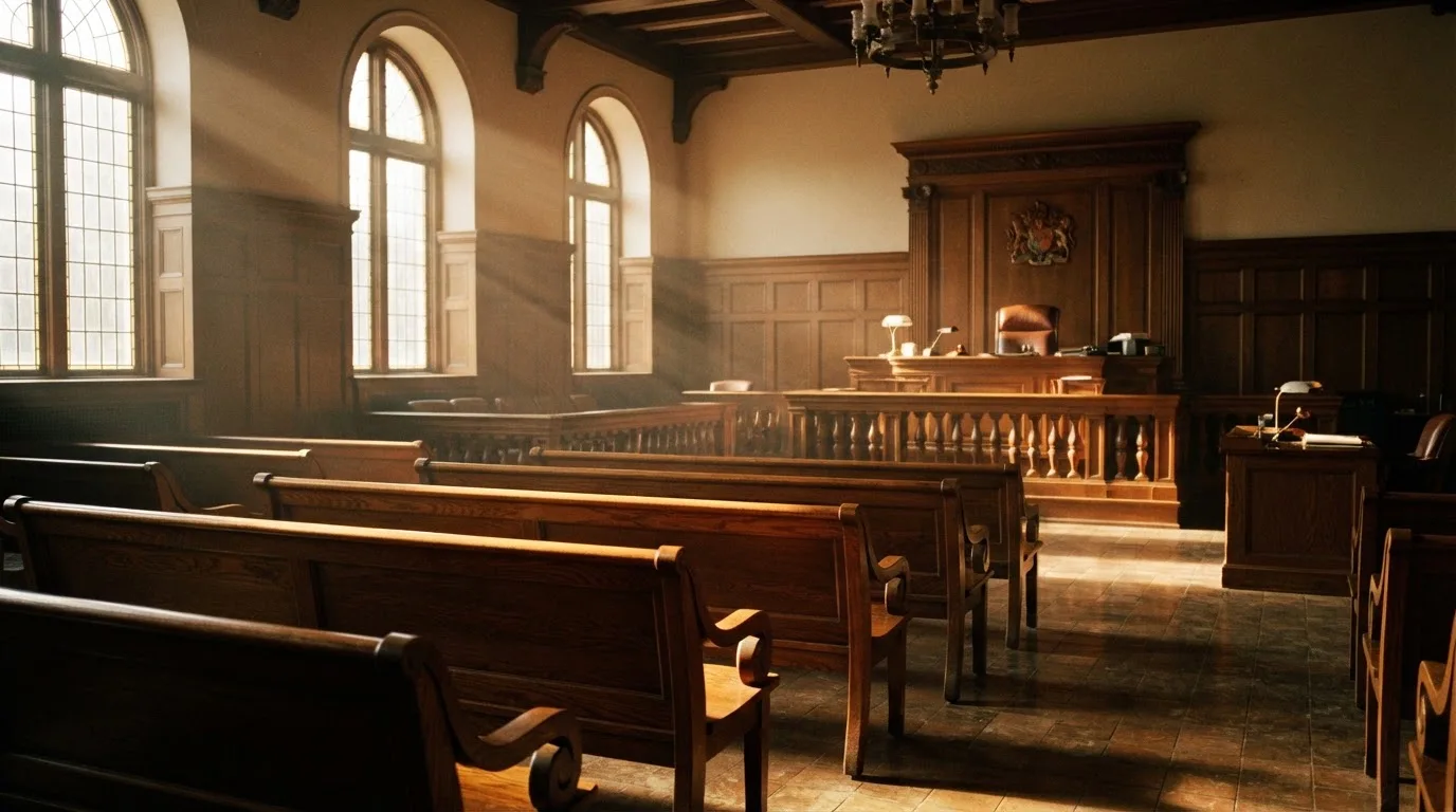 Een lege rechtszaal met houten banken in het ochtendlicht