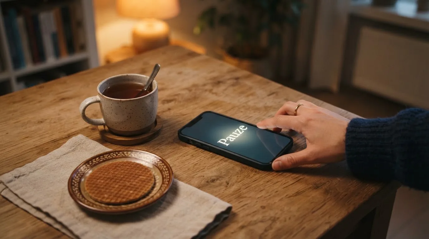 Een hand legt een smartphone naast een kopje thee op een keukentafel, een rustige avond