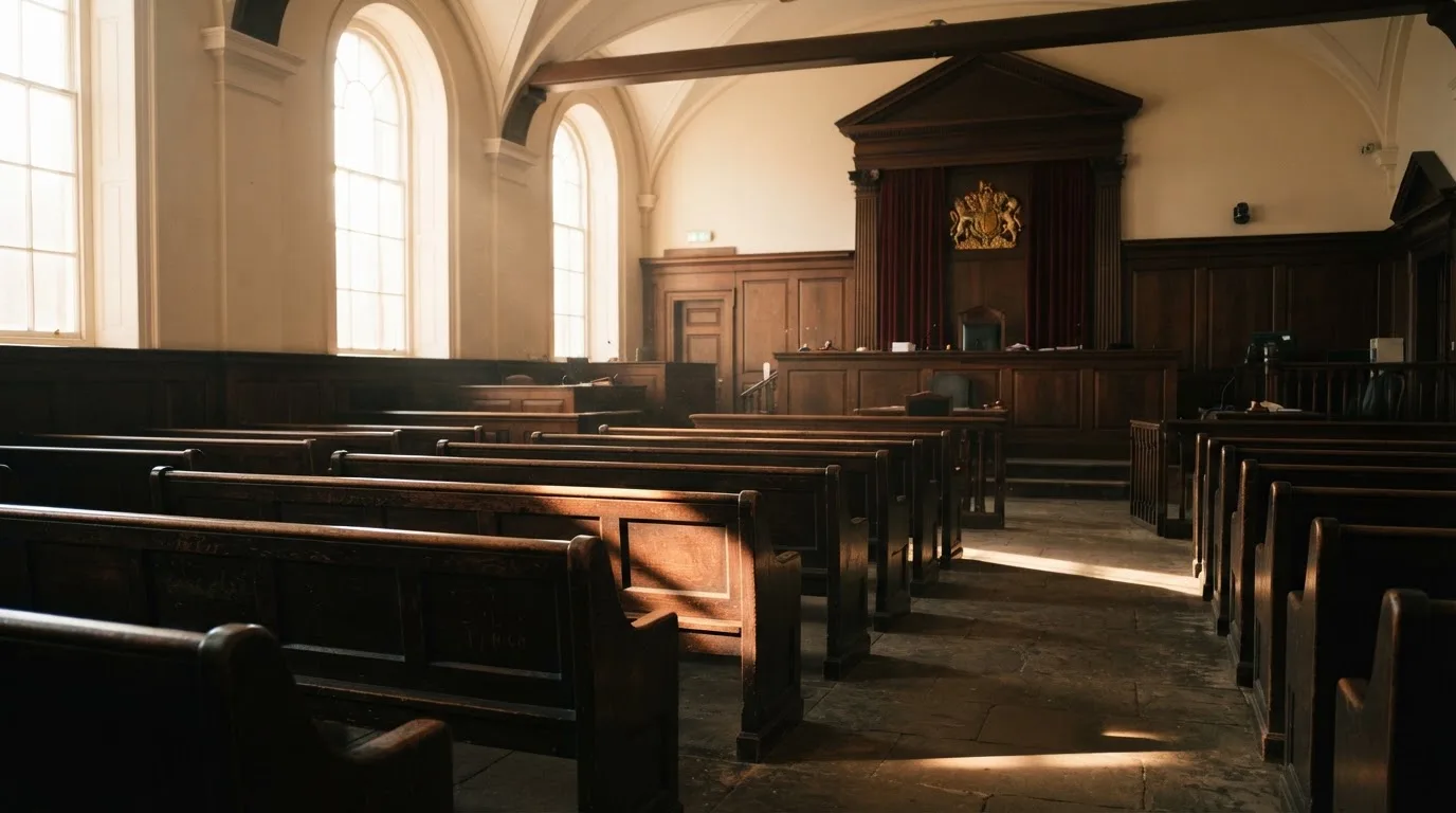 Een lege rechtszaal met houten banken in het ochtendlicht