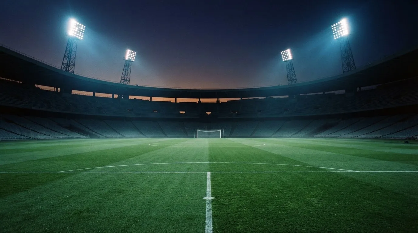 Een leeg voetbalstadion met lichtmasten bij schemering