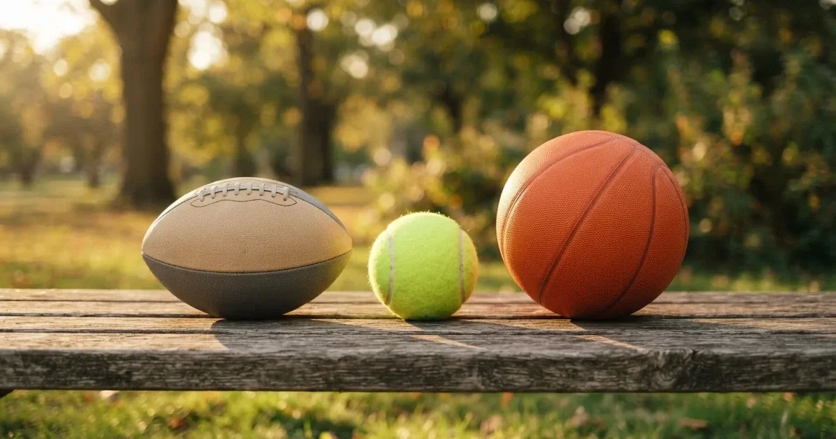 Drie ballen van verschillende soorten naast elkaar op een houten bank