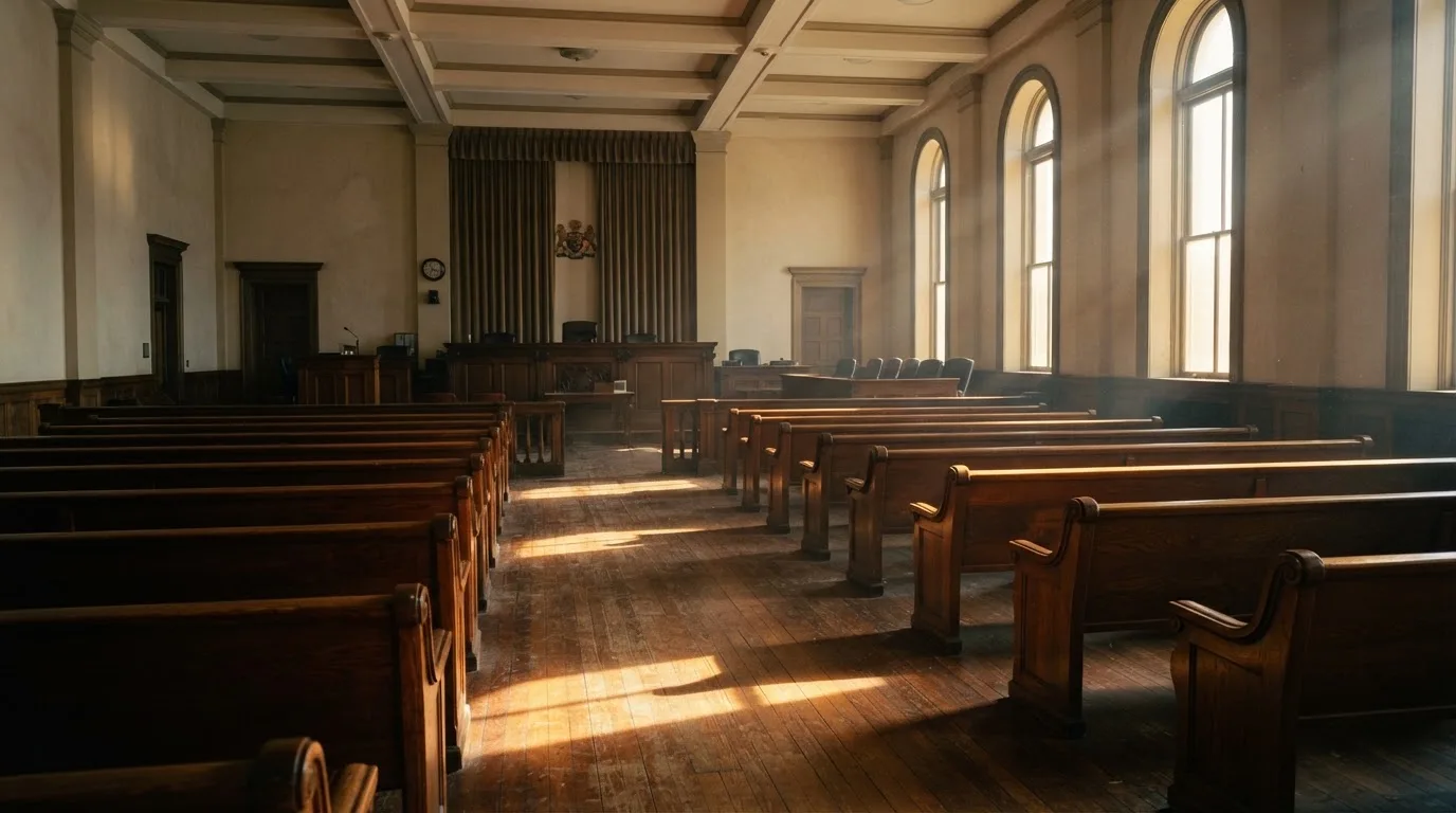 Een lege rechtszaal met houten banken in het ochtendlicht