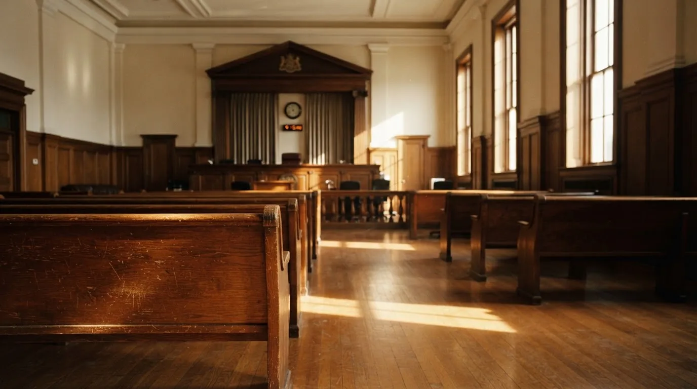 Een lege rechtszaal met houten banken in het ochtendlicht