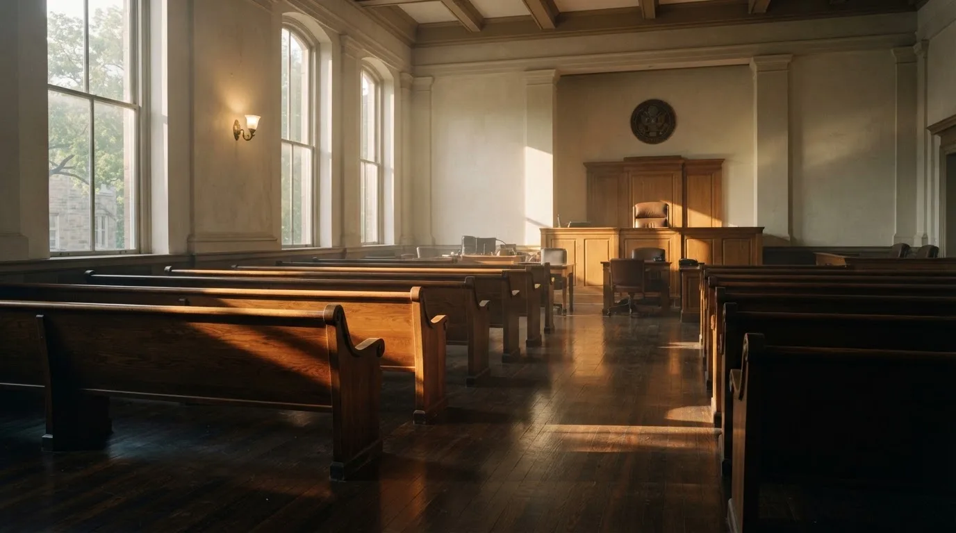 Een lege rechtszaal met houten banken in het ochtendlicht