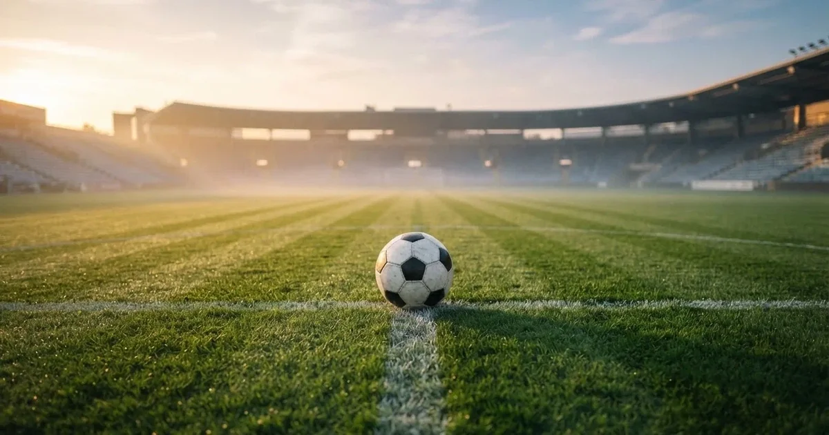 Een voetbal op de middenstip van een grasveld in het ochtendlicht