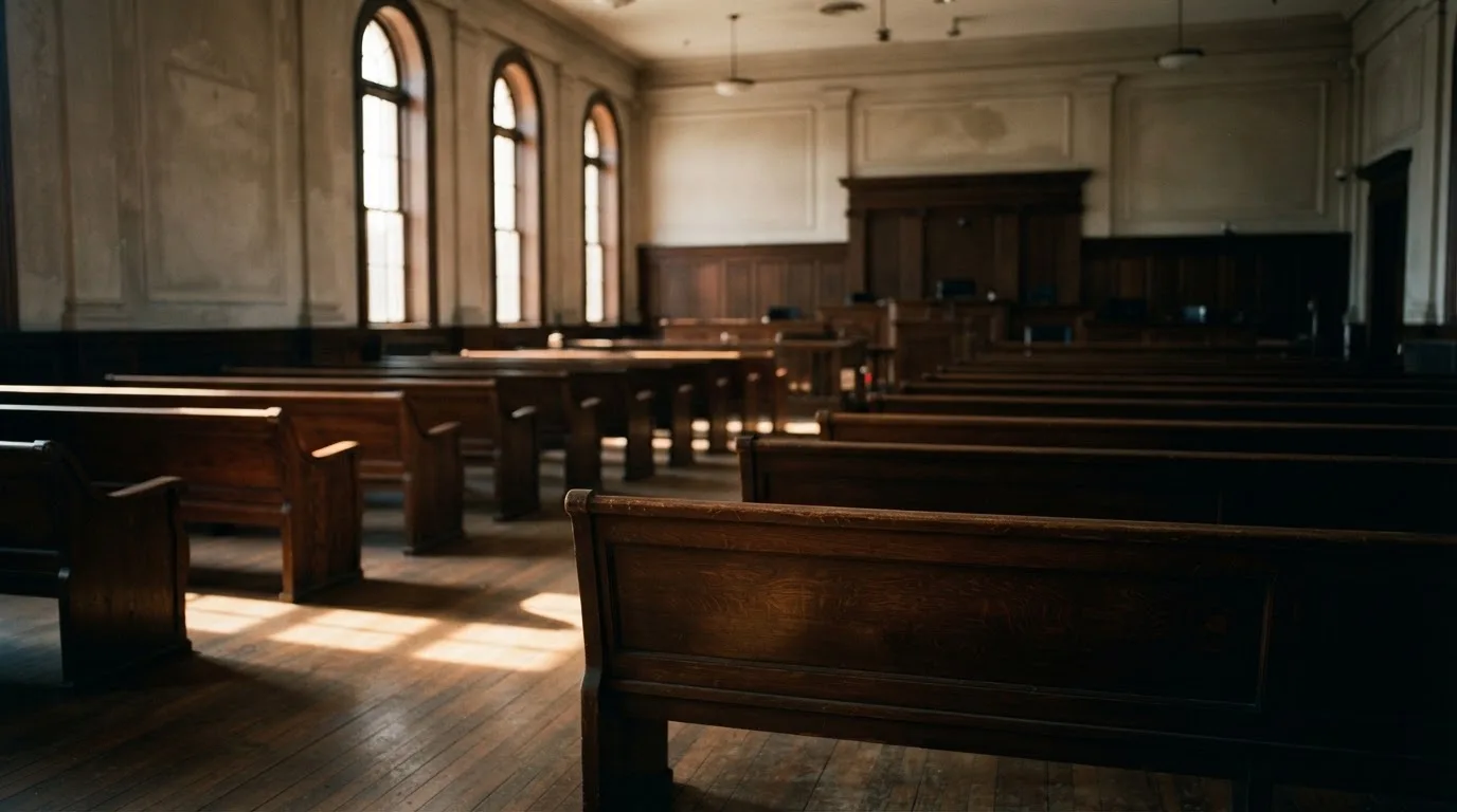 Een lege rechtszaal met houten banken in het ochtendlicht
