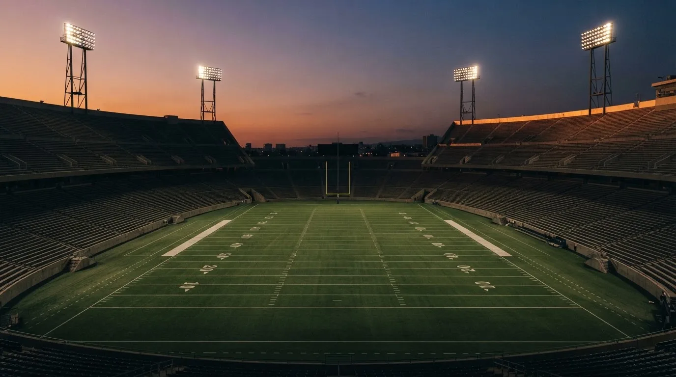 Een leeg voetbalstadion met lichtmasten bij schemering