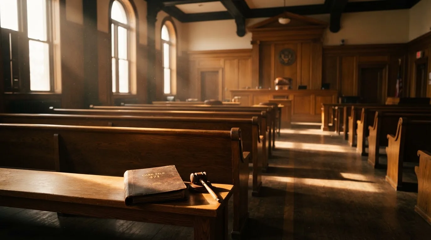 Een lege rechtszaal met houten banken in het ochtendlicht