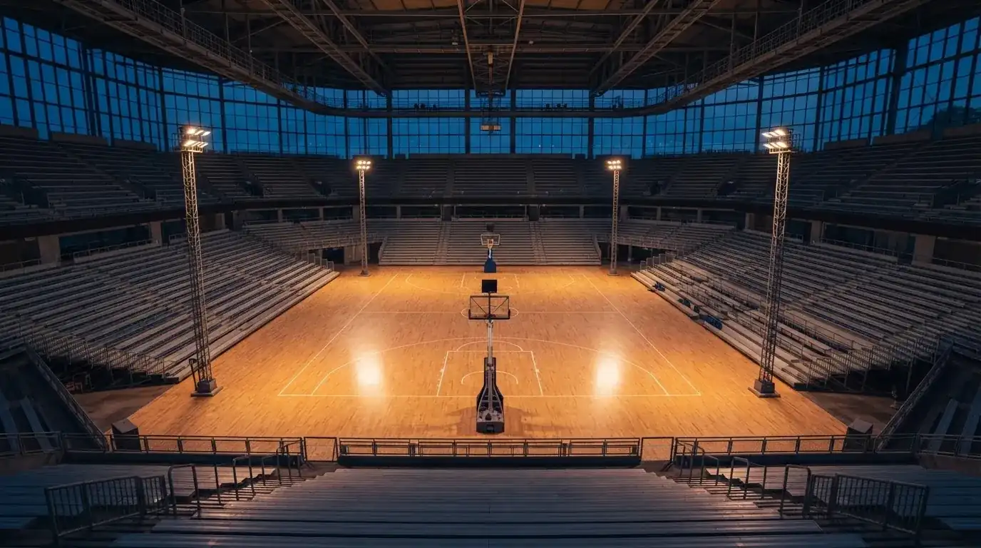 Een leeg voetbalstadion met lichtmasten bij schemering