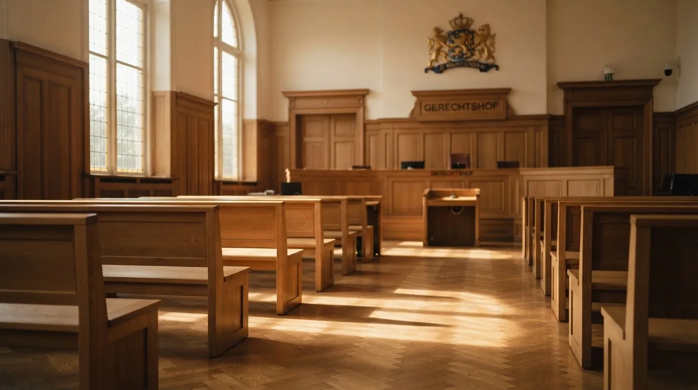 Een lege rechtszaal met houten banken in het ochtendlicht