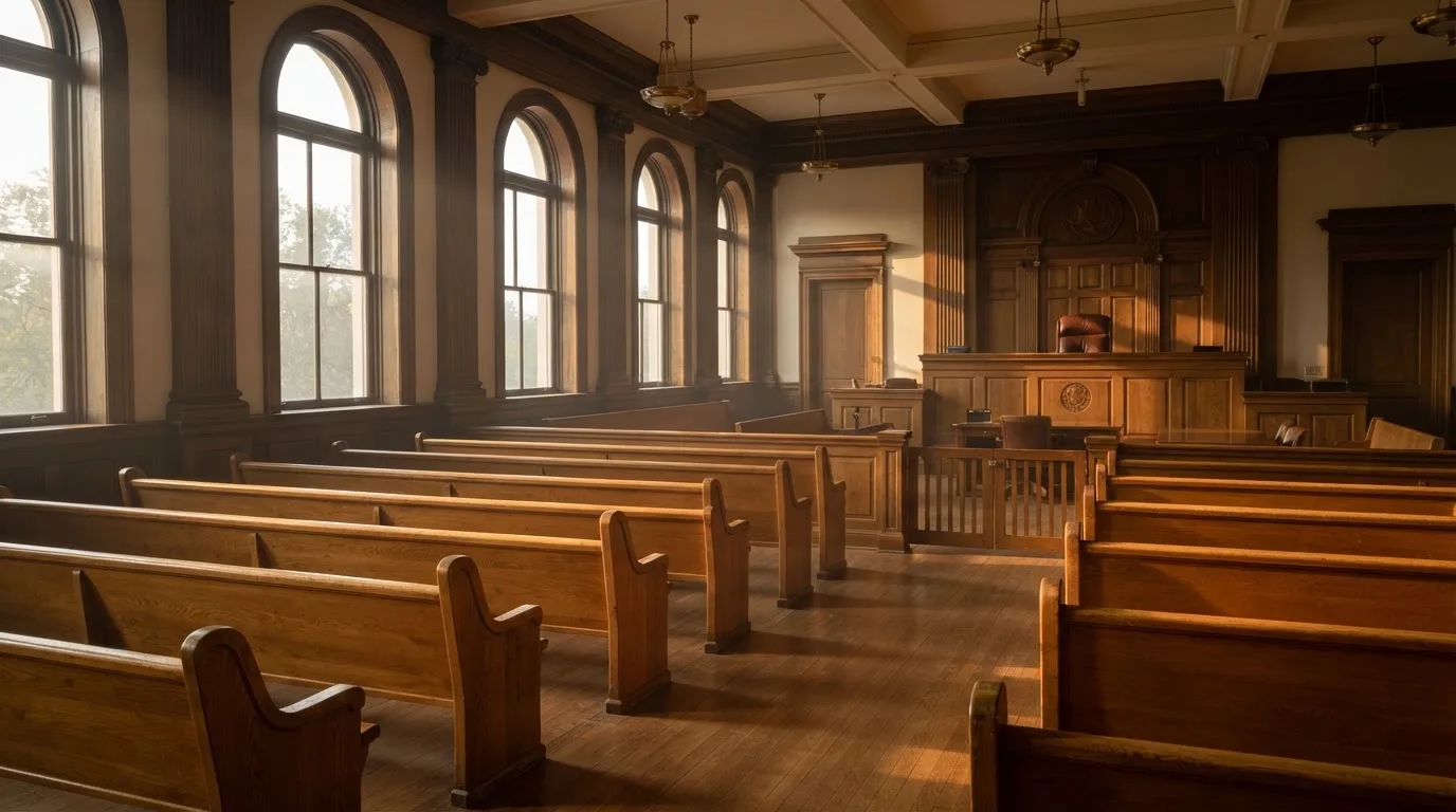 Een lege rechtszaal met houten banken in het ochtendlicht