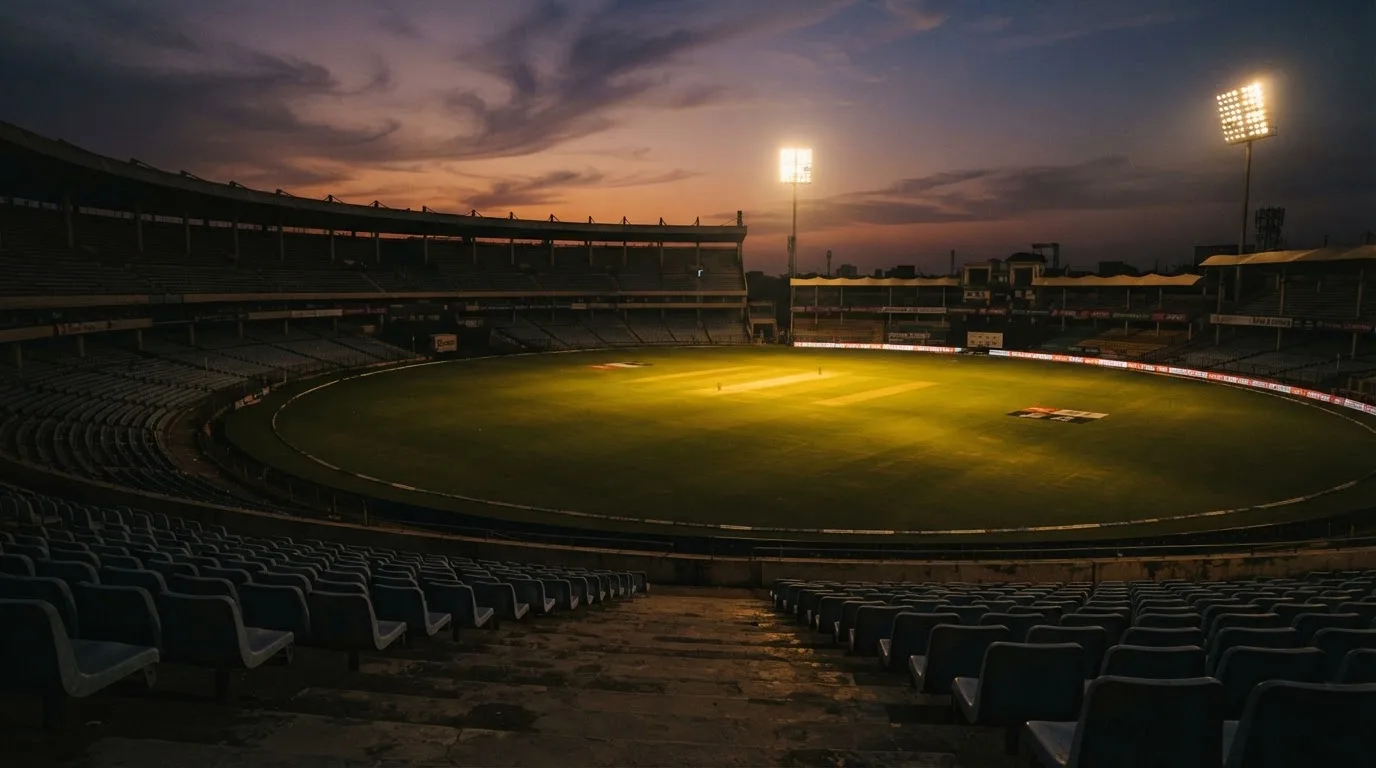 Een leeg voetbalstadion met lichtmasten bij schemering