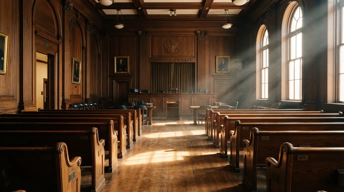 Een lege rechtszaal met houten banken in het ochtendlicht