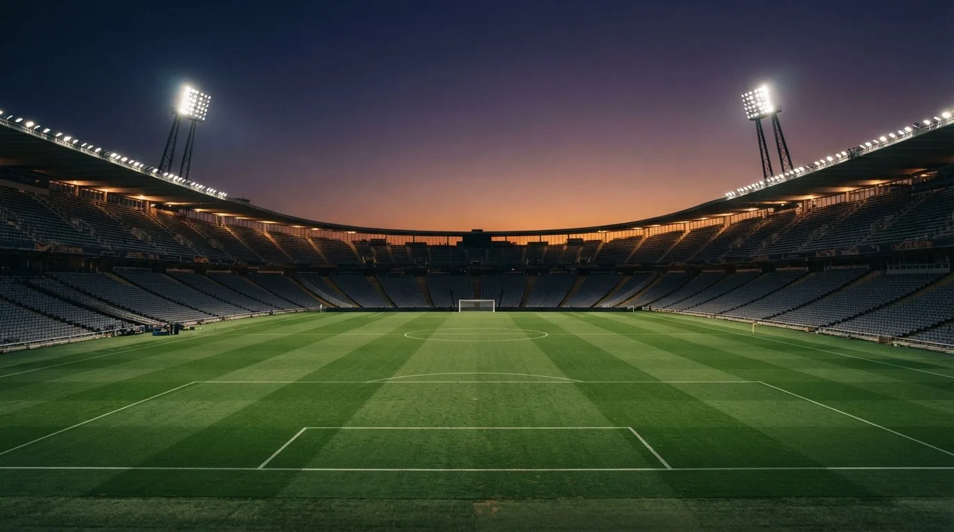 Een leeg voetbalstadion met lichtmasten bij schemering