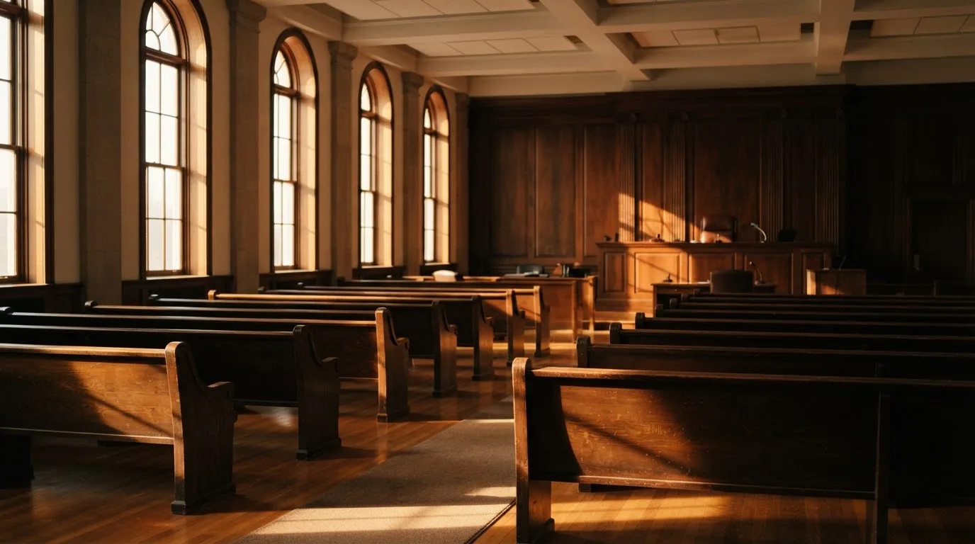 Een lege rechtszaal met houten banken in het ochtendlicht