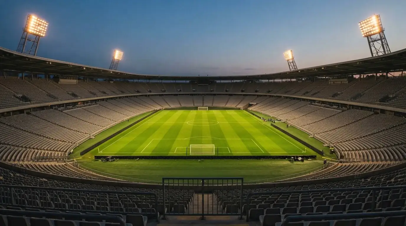 Een leeg voetbalstadion met lichtmasten bij schemering