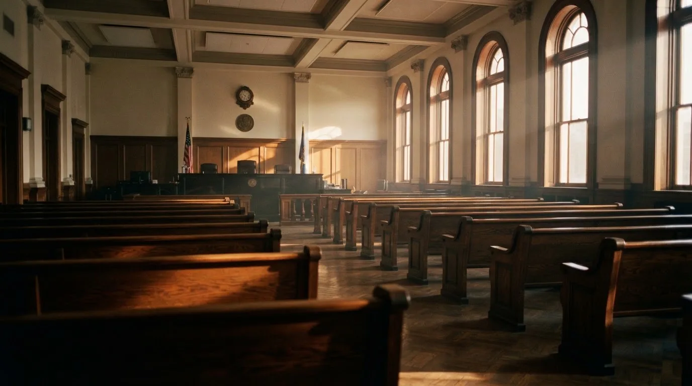 Een lege rechtszaal met houten banken in het ochtendlicht