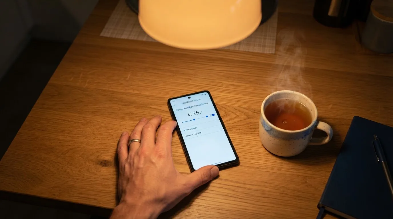 Een hand legt een smartphone naast een kopje thee op een keukentafel, een rustige avond