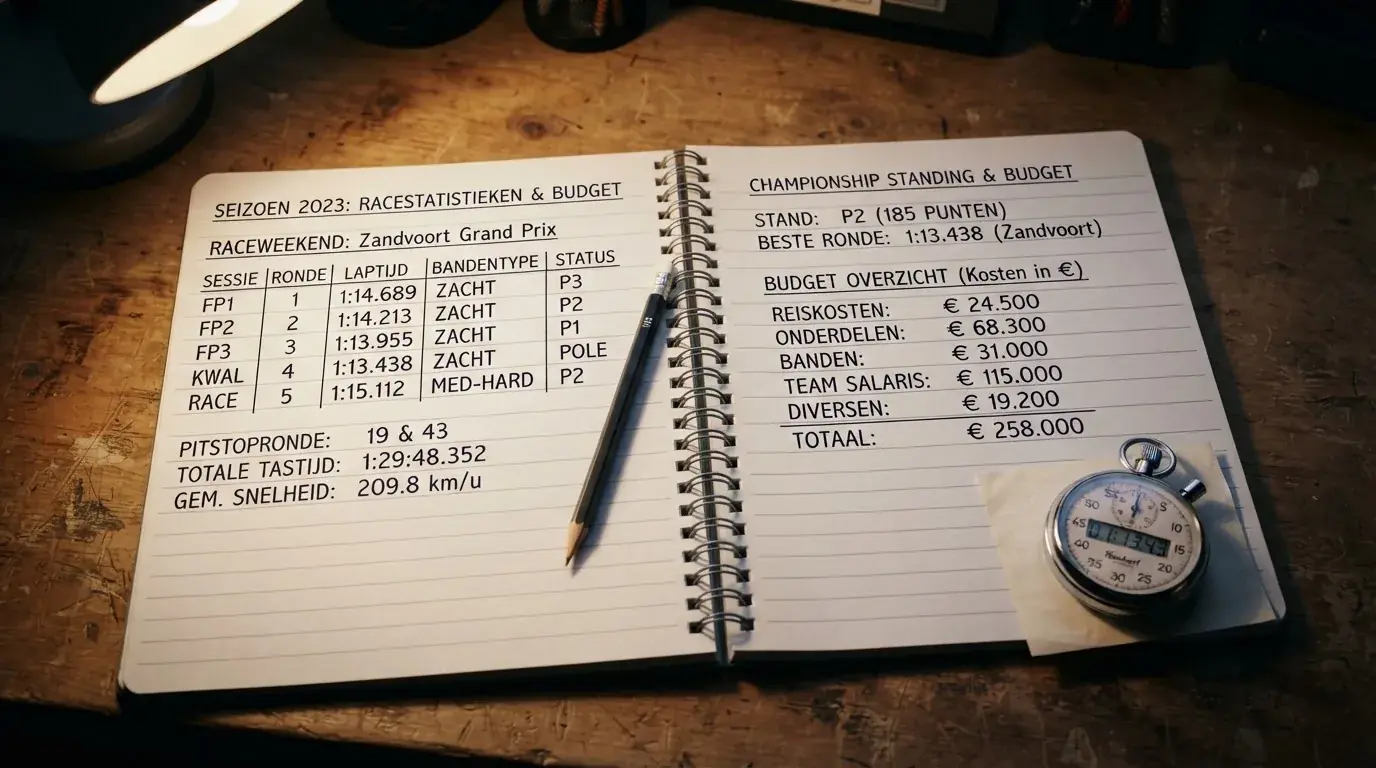Een opengeslagen notitieboek met een potlood en een stopwatch op een houten tafel